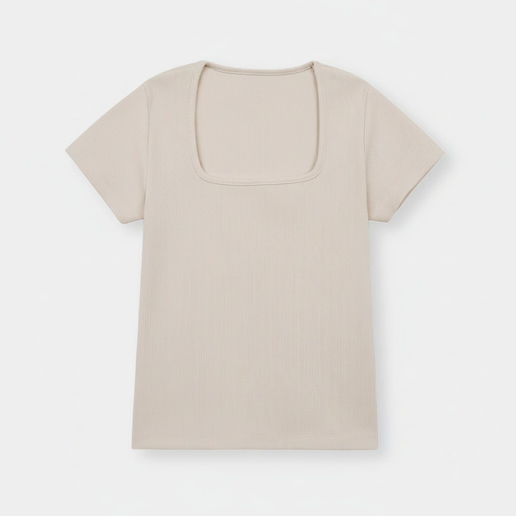 Women Beige Square Neck Ribbed Tee