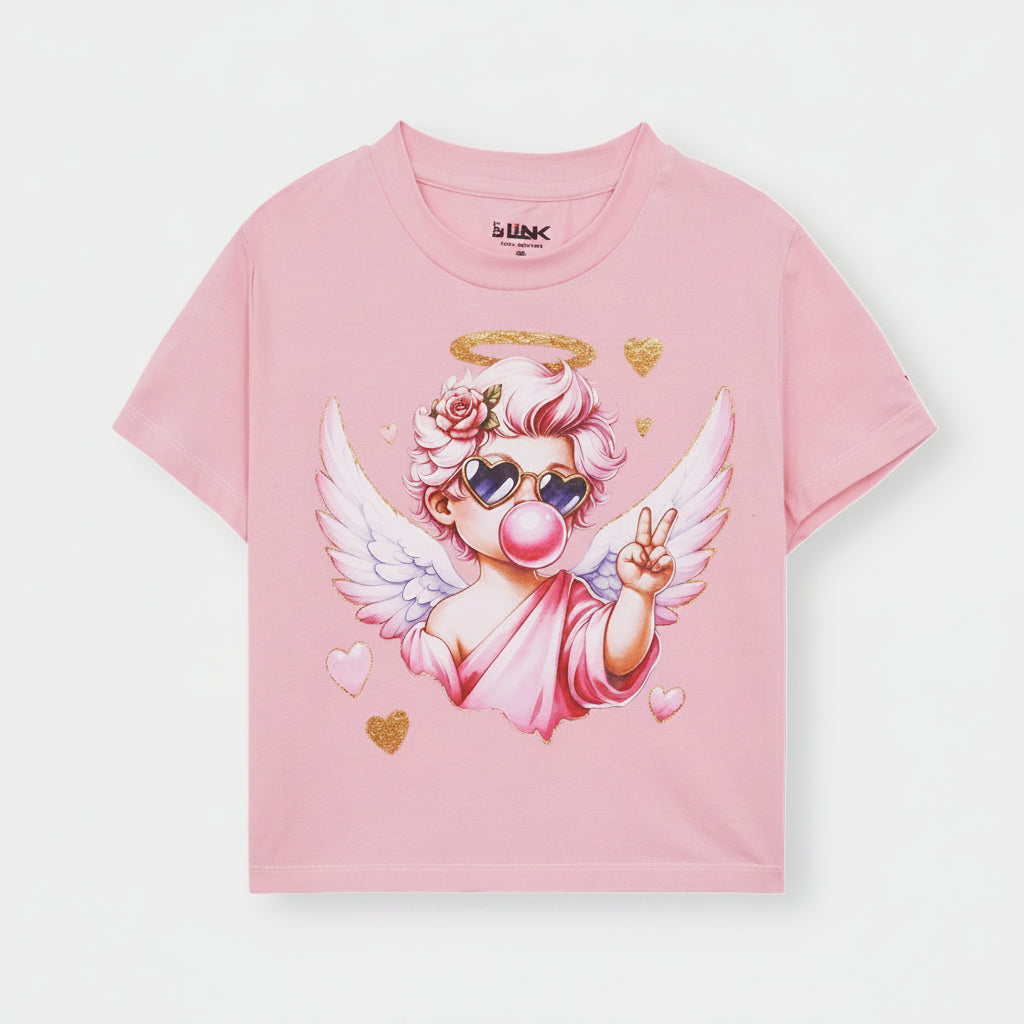 Women's Cute Cartoon Cupid Graphic Tee with Glitter Hearts