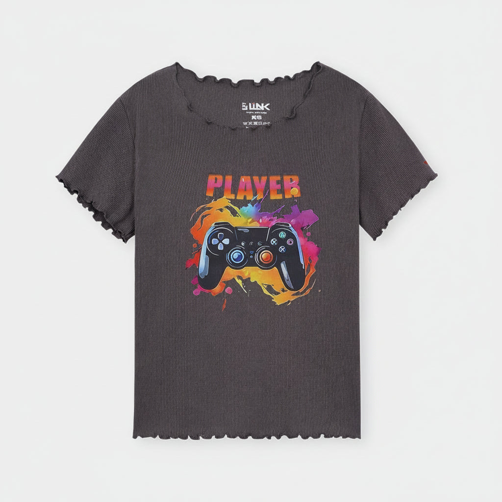 Women Charcoal Frill-Edge Gamer Tee