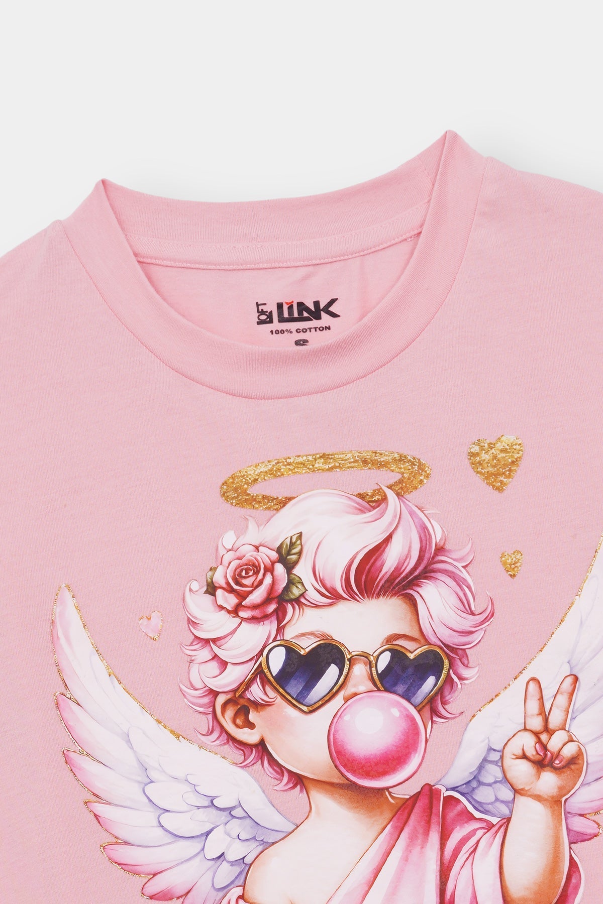 Women's Cute Cartoon Cupid Graphic Tee with Glitter Hearts