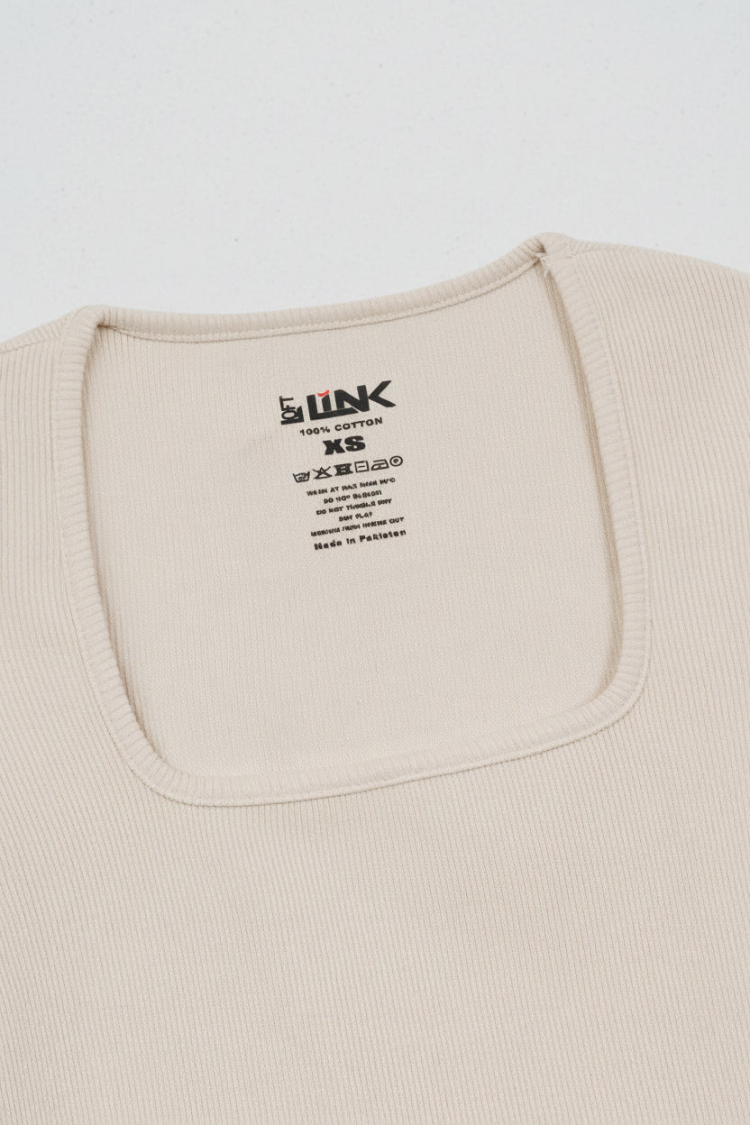 Women Beige Square Neck Ribbed Tee