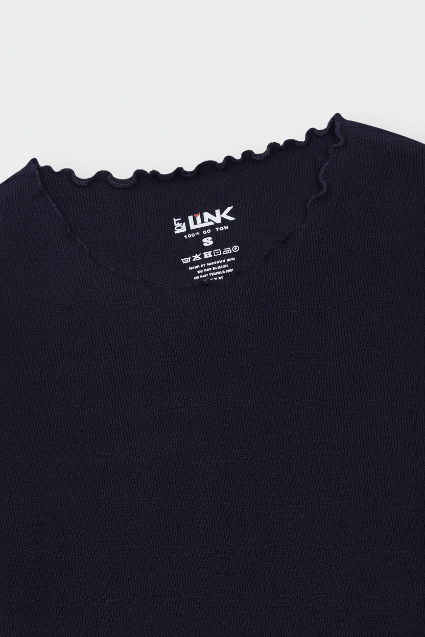 Navy Ribbed Lettuce Hem Tee