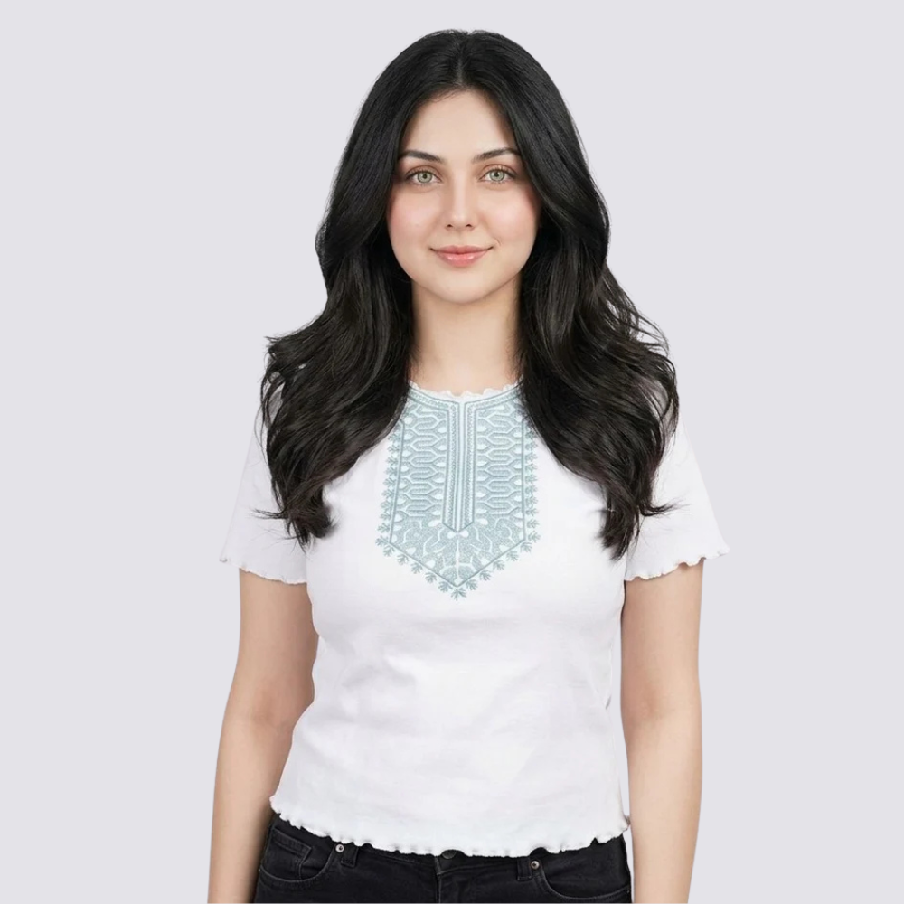 Short Sleeve Sky Blue Neck Align Galla Print Embroidery Look Tee Shirt