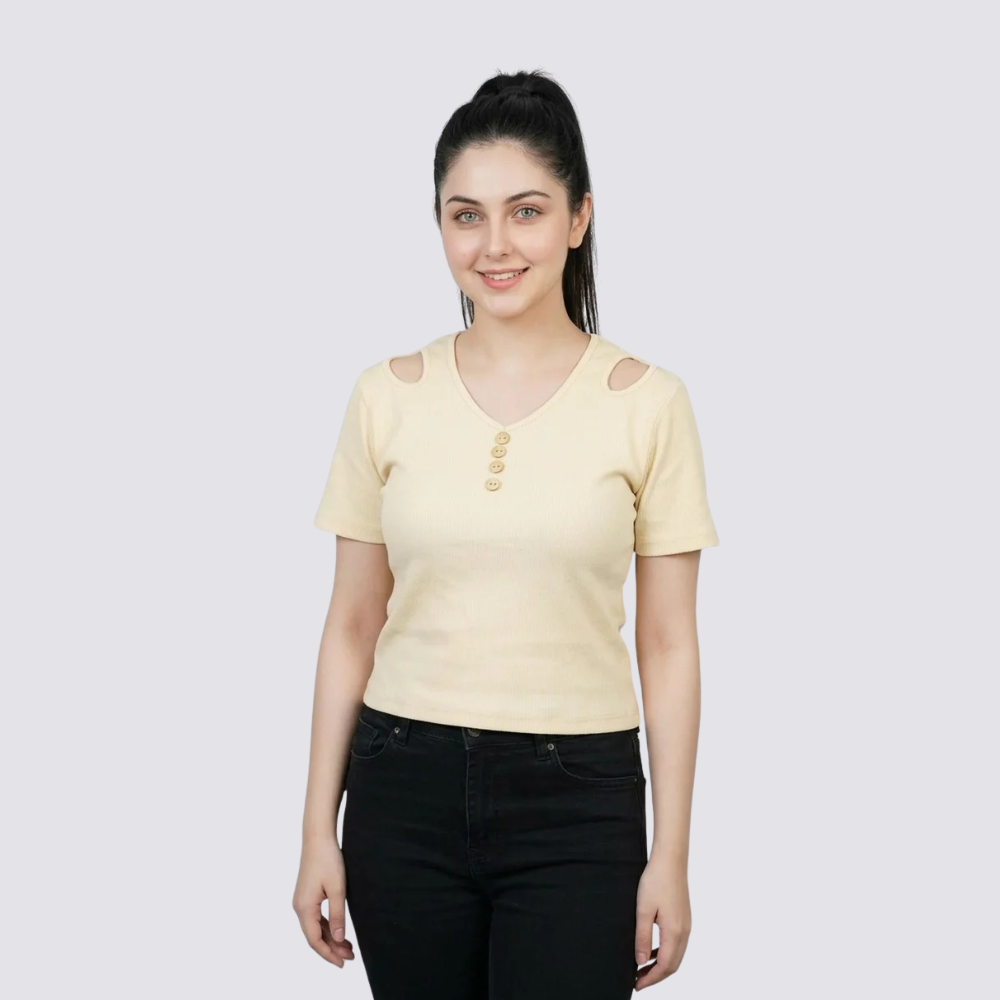 Short Sleeve Cream Color Buttoned V Neck With Shoulder Cut Tee Shirt